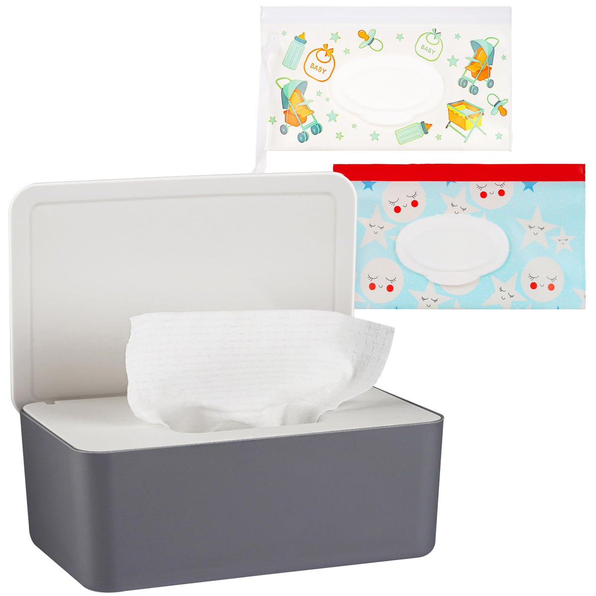 Whiidoom diaper wipes dispenser with grey lid keeps wipes fresh and easy to reach