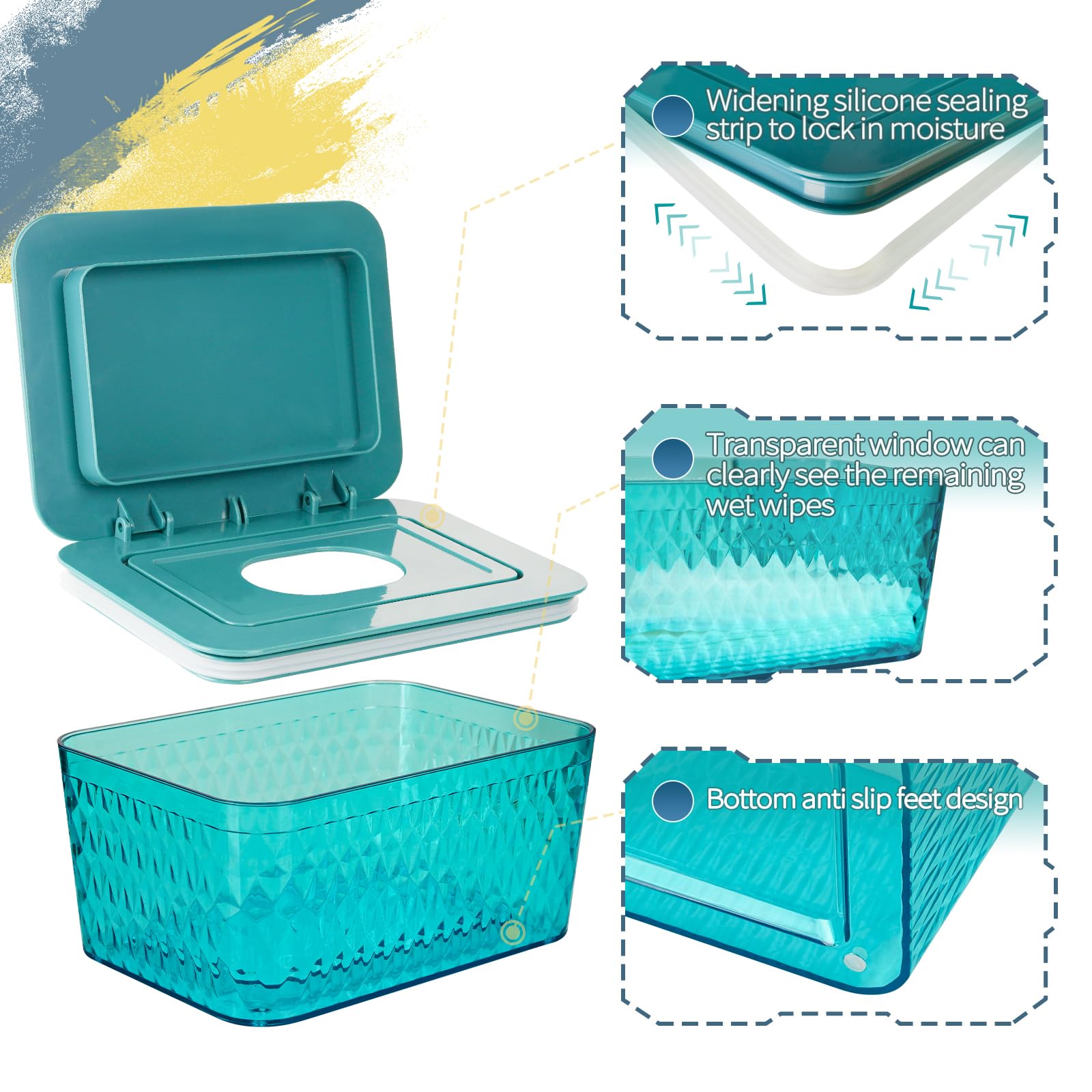 Whiidoom wipes dispenser with triple-seal lid keeps wipes moist and ready.