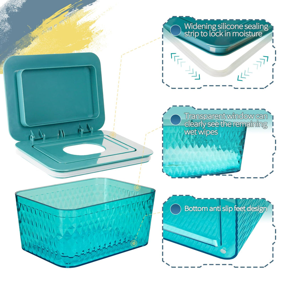 Whiidoom wipes dispenser with triple-seal lid keeps wipes moist and ready.