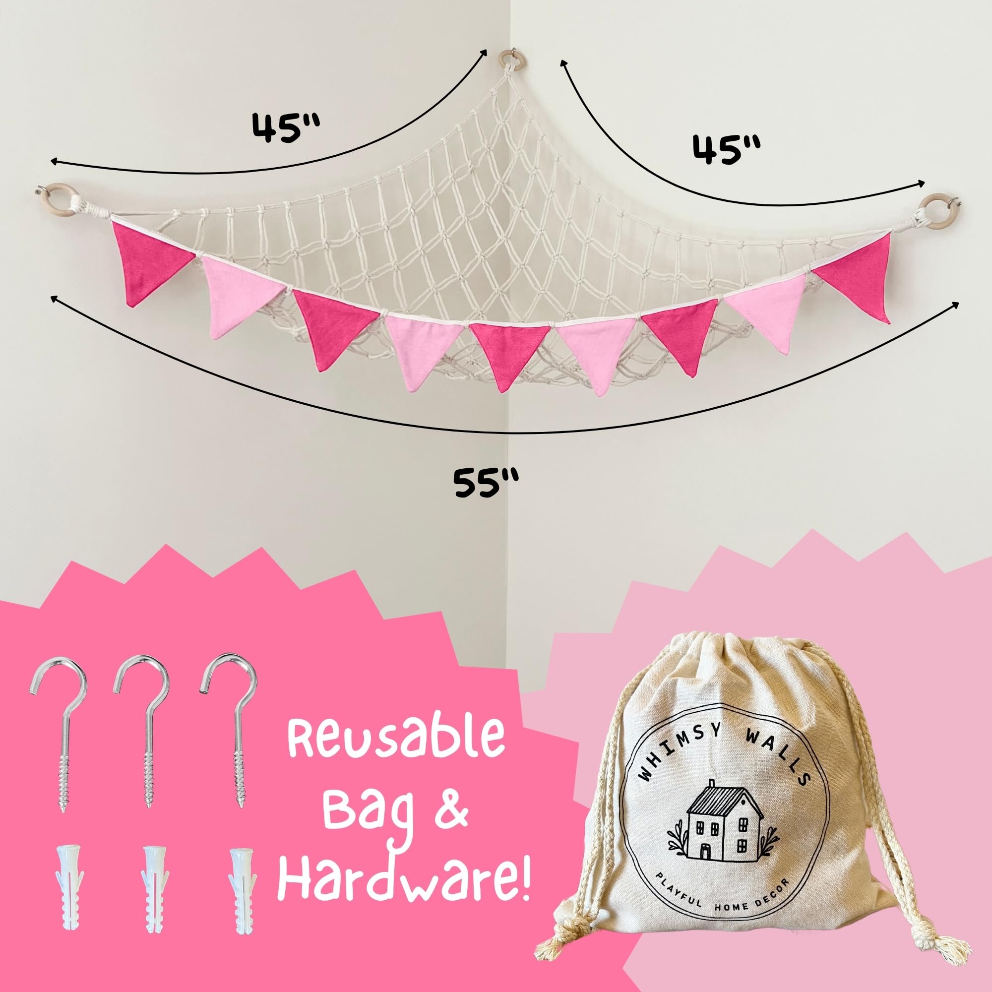 Whimsy Walls hanging net keeps floor clear for playtime and easy access