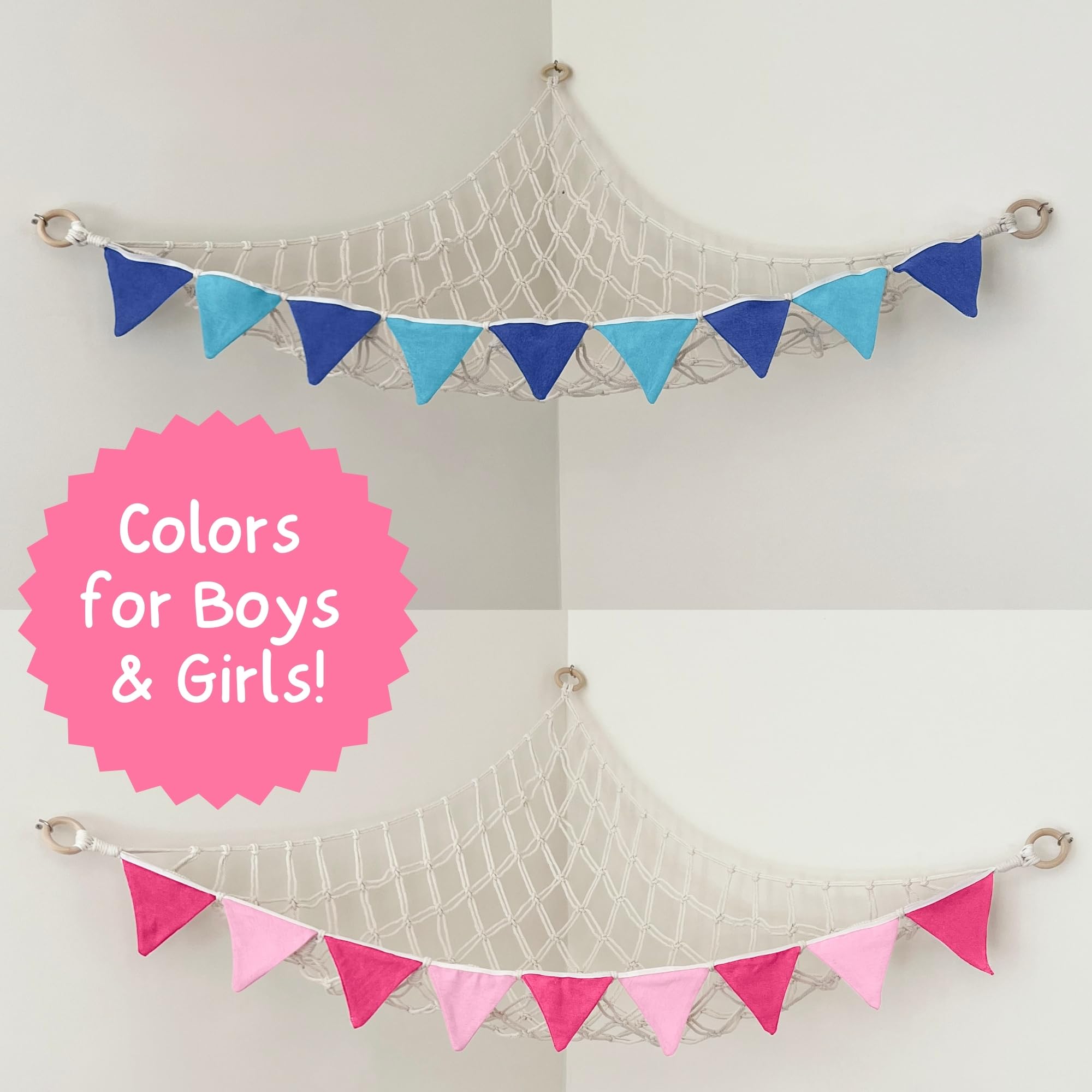 Whimsy Walls pink plushie hammock brightens kids' room and organizes plushies