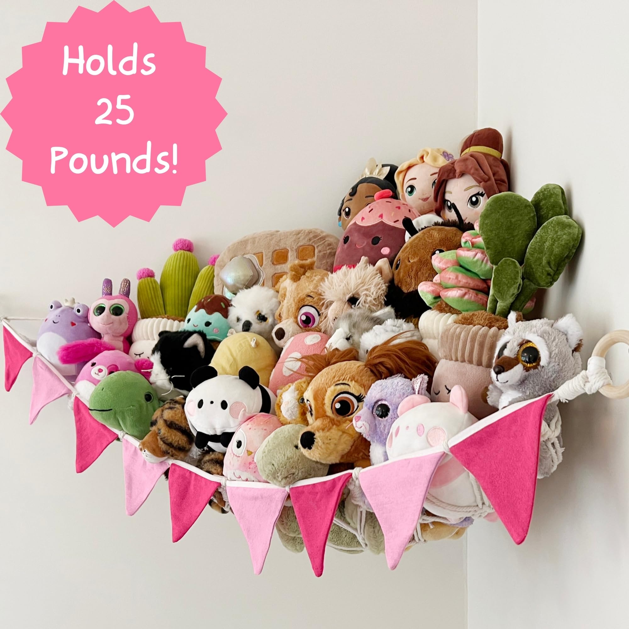 Whimsy Walls plushie net with colorful bunting showcases plushies while adding decor