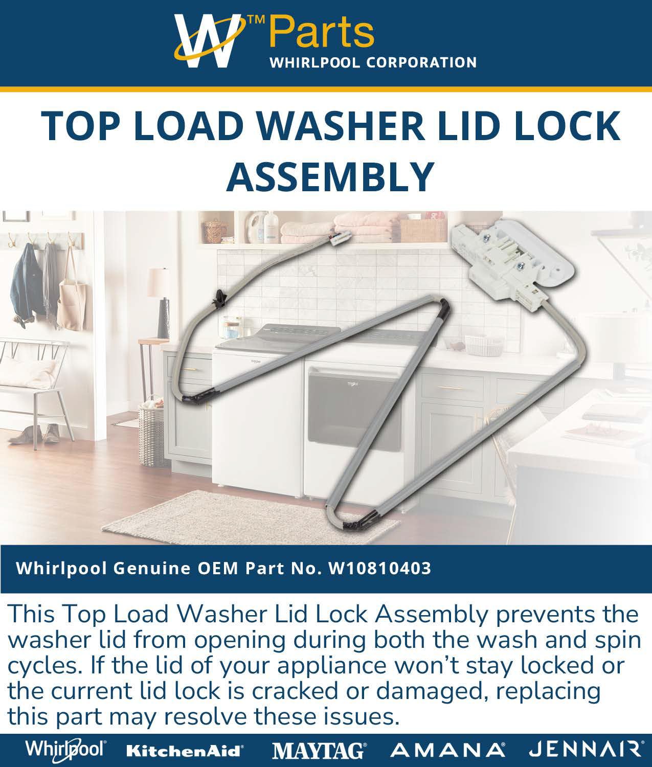 Whirlpool W10810403 lock closeup reveals precise mechanism for smooth engagement.