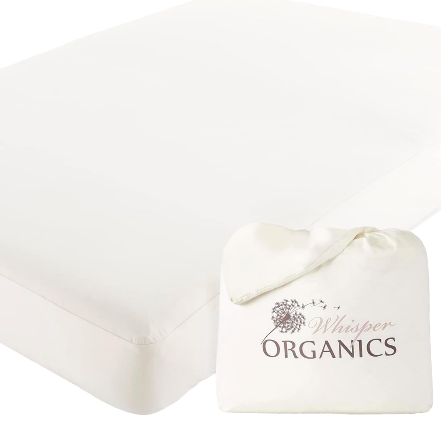 Whisper Organics organic crib mattress protector top view shows soft breathable surface for gentle sleep