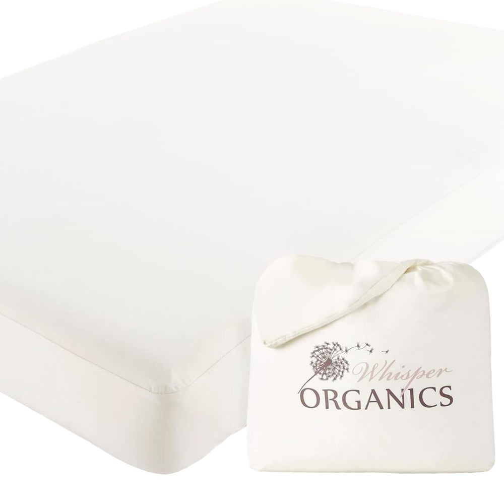 Whisper Organics organic crib mattress protector top view shows soft breathable surface for gentle sleep