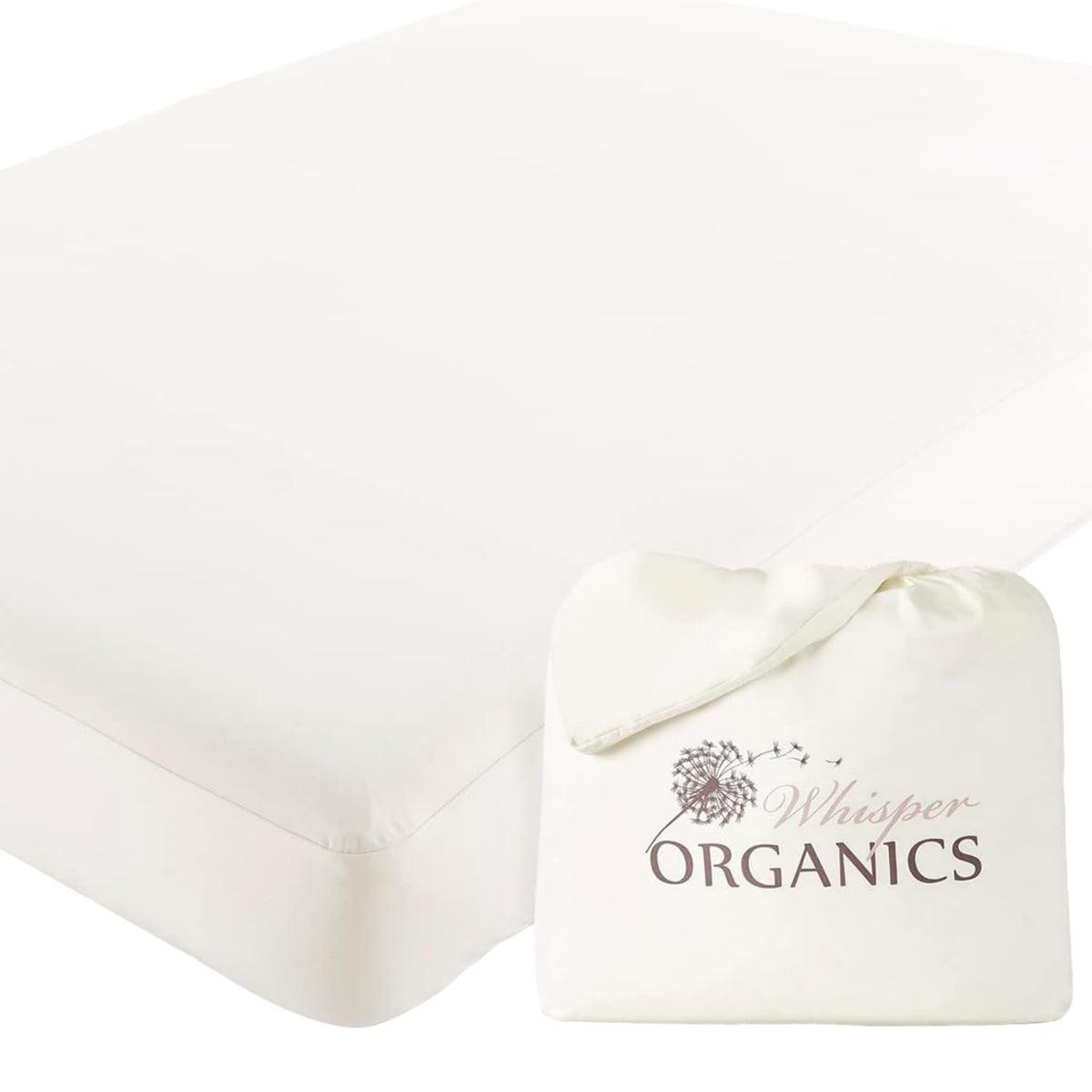 Whisper Organics organic crib mattress protector top view shows soft breathable surface for gentle sleep