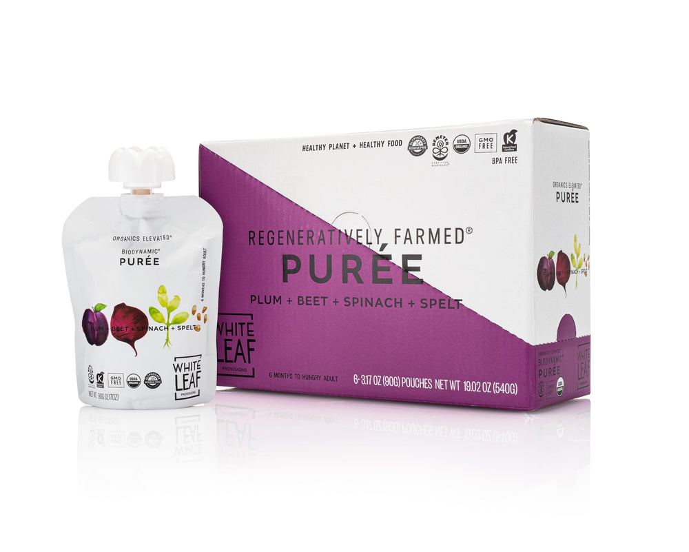 White Leaf Provisions baby-feeding squeeze-pouch enables easy self-feeding at snack time.
