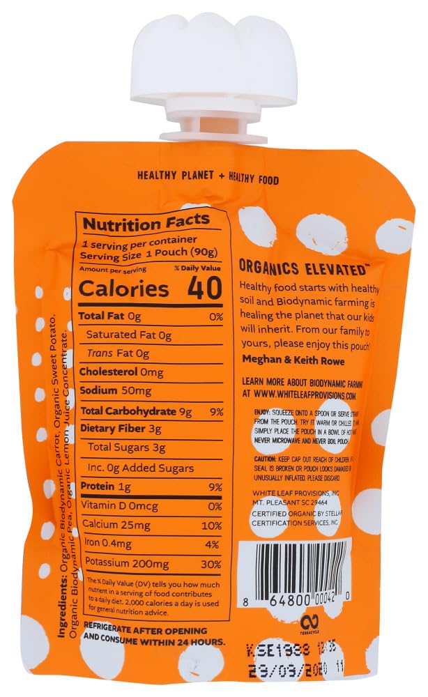 White Leaf Provisions BPA-free squeezable pouch facilitates self-feeding during mealtime.