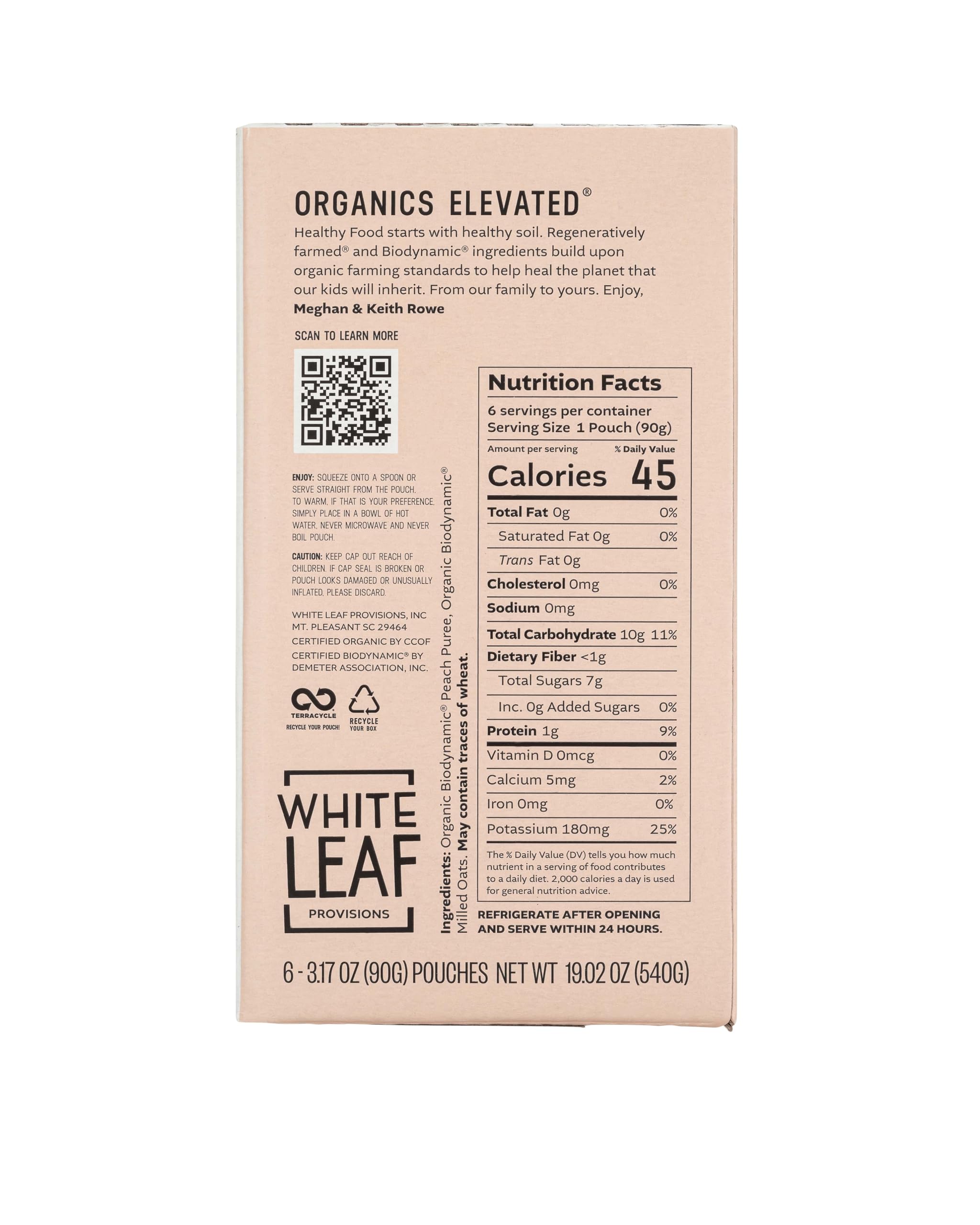 White Leaf Provisions Peach + Oat pouch back view showing label certifications.