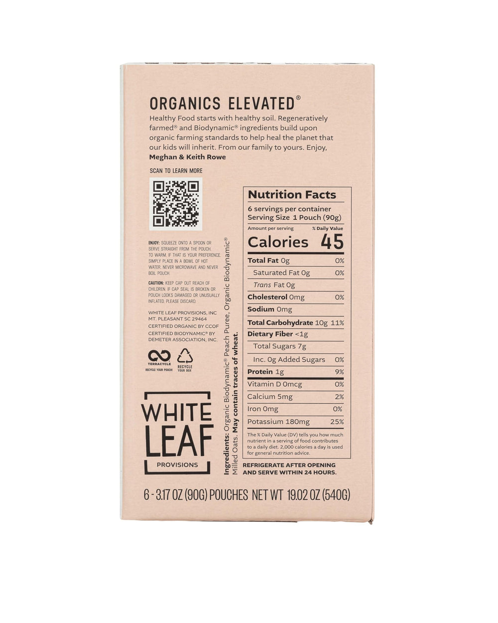 White Leaf Provisions Peach + Oat pouch back view showing label certifications.