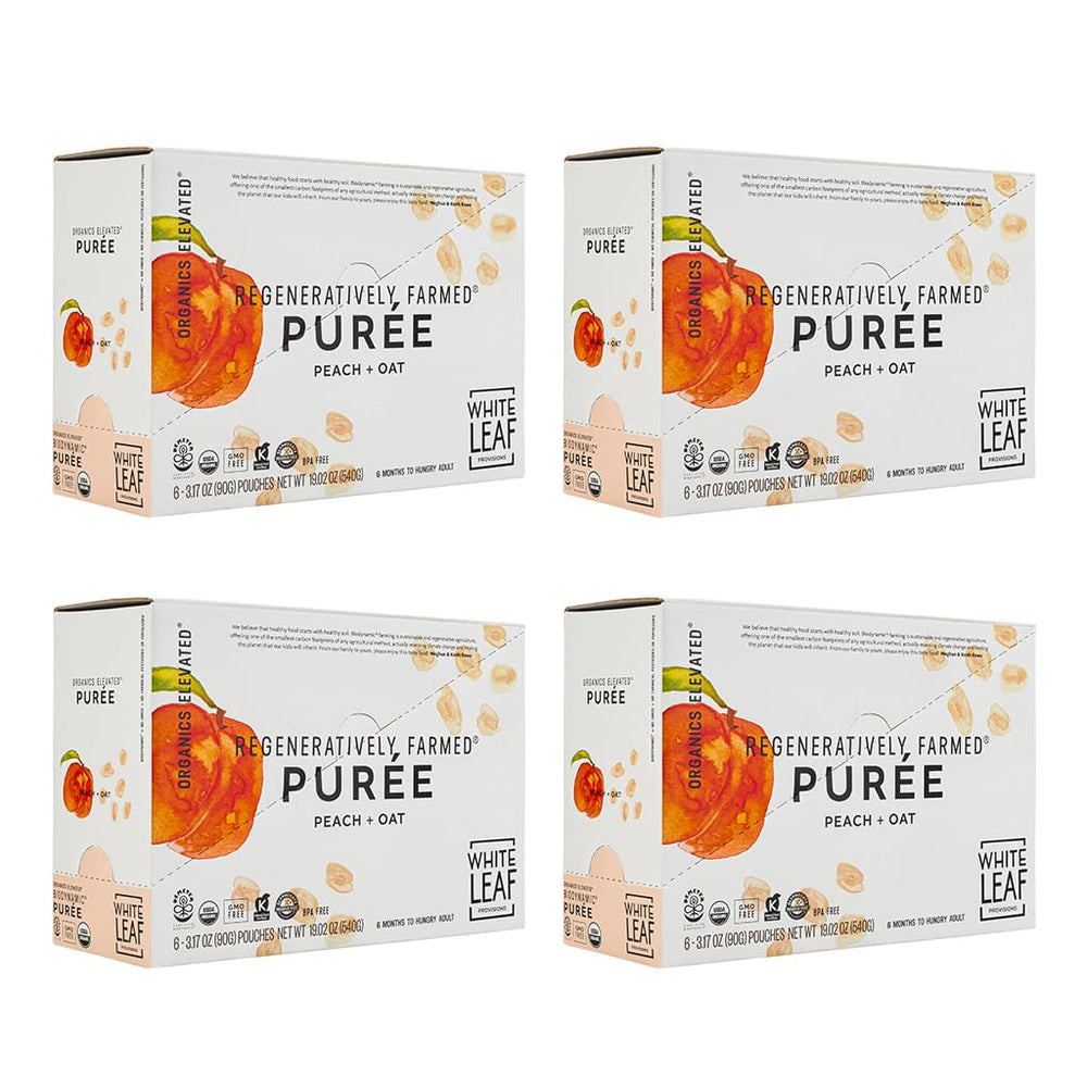 White Leaf Provisions Peach + Oat pouch front view, convenient on-the-go nutrition.
