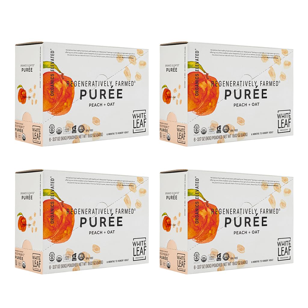 White Leaf Provisions Peach + Oat pouch front view, convenient on-the-go nutrition.