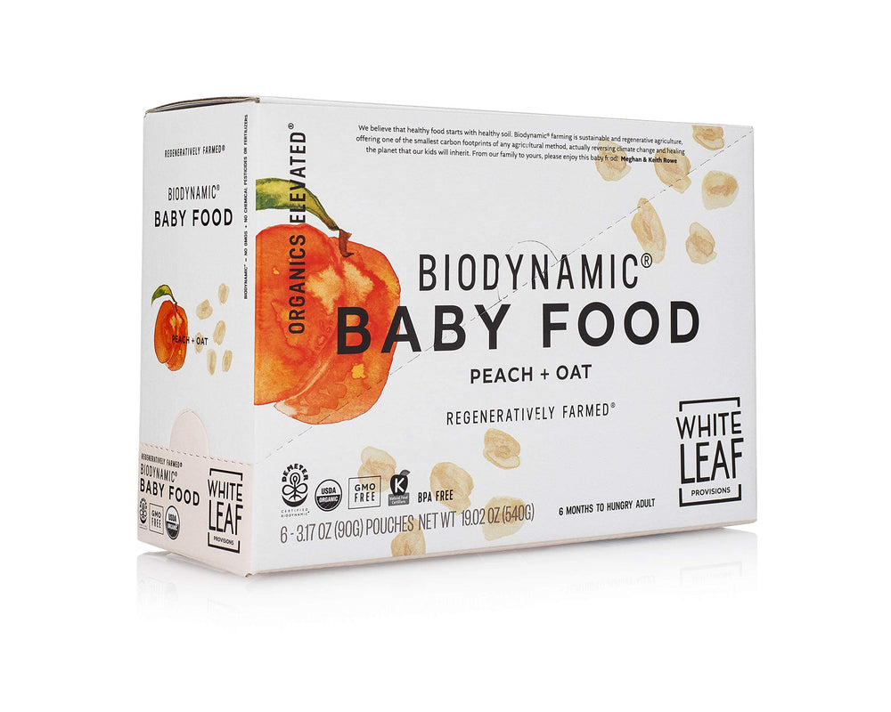 White Leaf Provisions peach oat puree pouch back with ingredients.