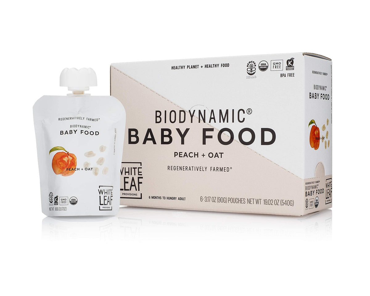 White Leaf Provisions peach oat puree pouch front for on-the-go babies.