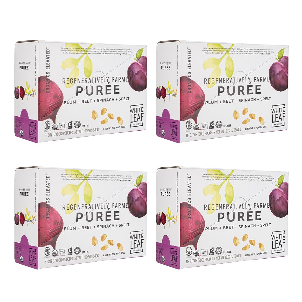 White Leaf Provisions plum-beet-spinach-spelt pouch front for convenient on-the-go feeding.