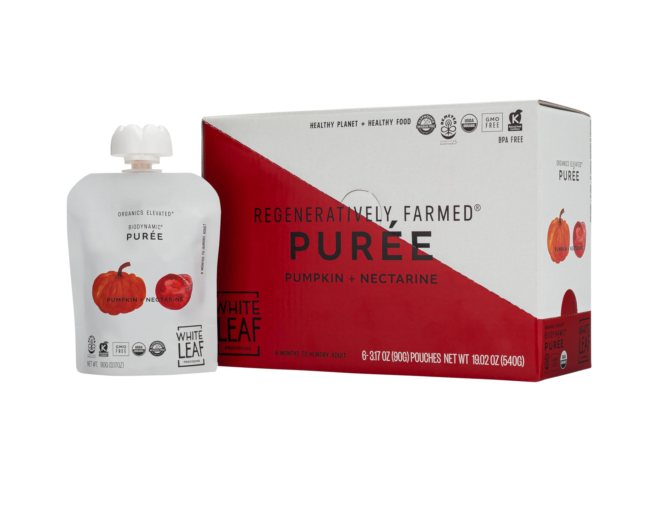 White Leaf Provisions USDA Organic Non-GMO BPA-free pouch label for safety.