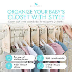 White Loft baby clothes dividers 0-3 months—easy-to-read sizing for quick outfit selection.