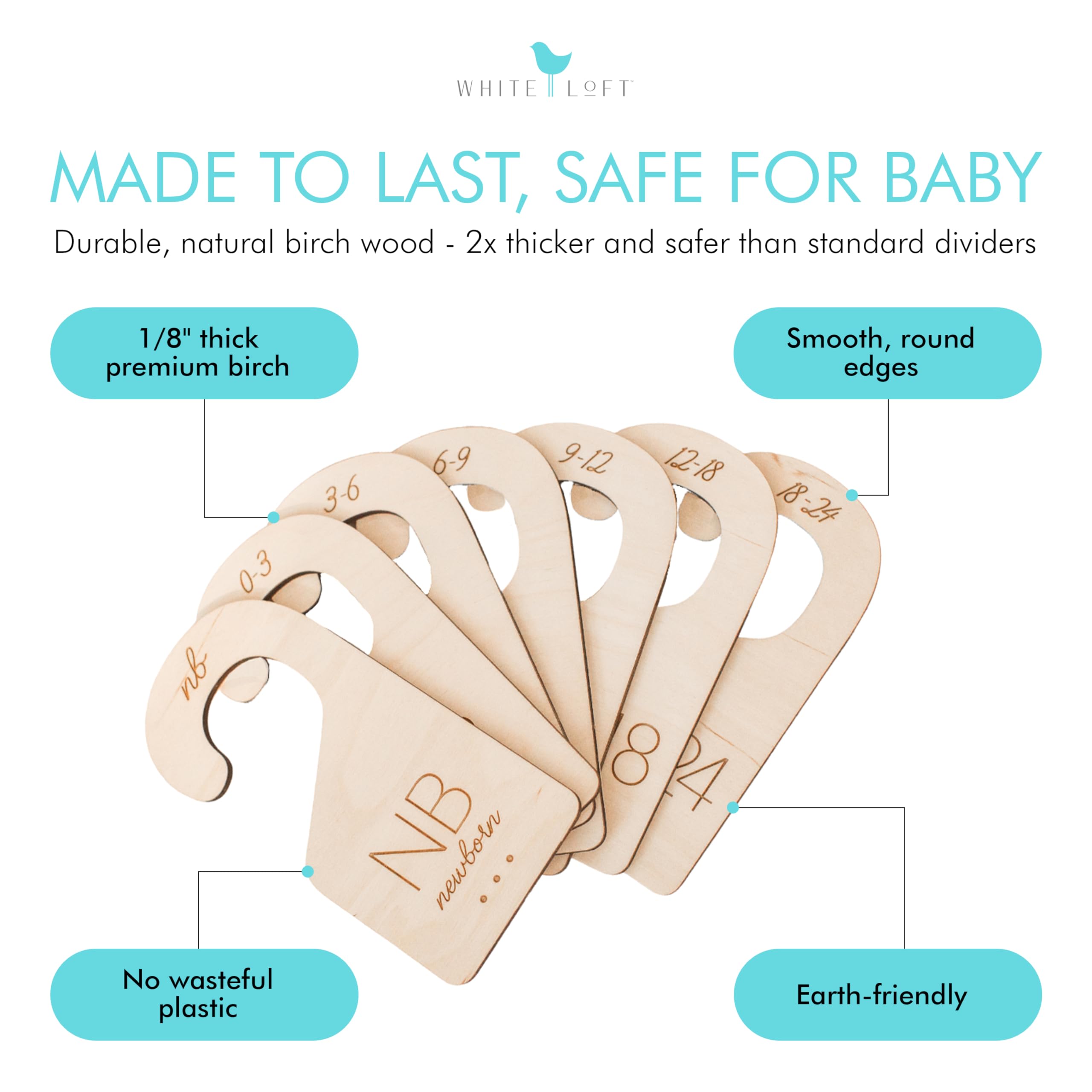 White Loft baby clothes dividers 18-24 months—durable, legible letters for final growth stage.