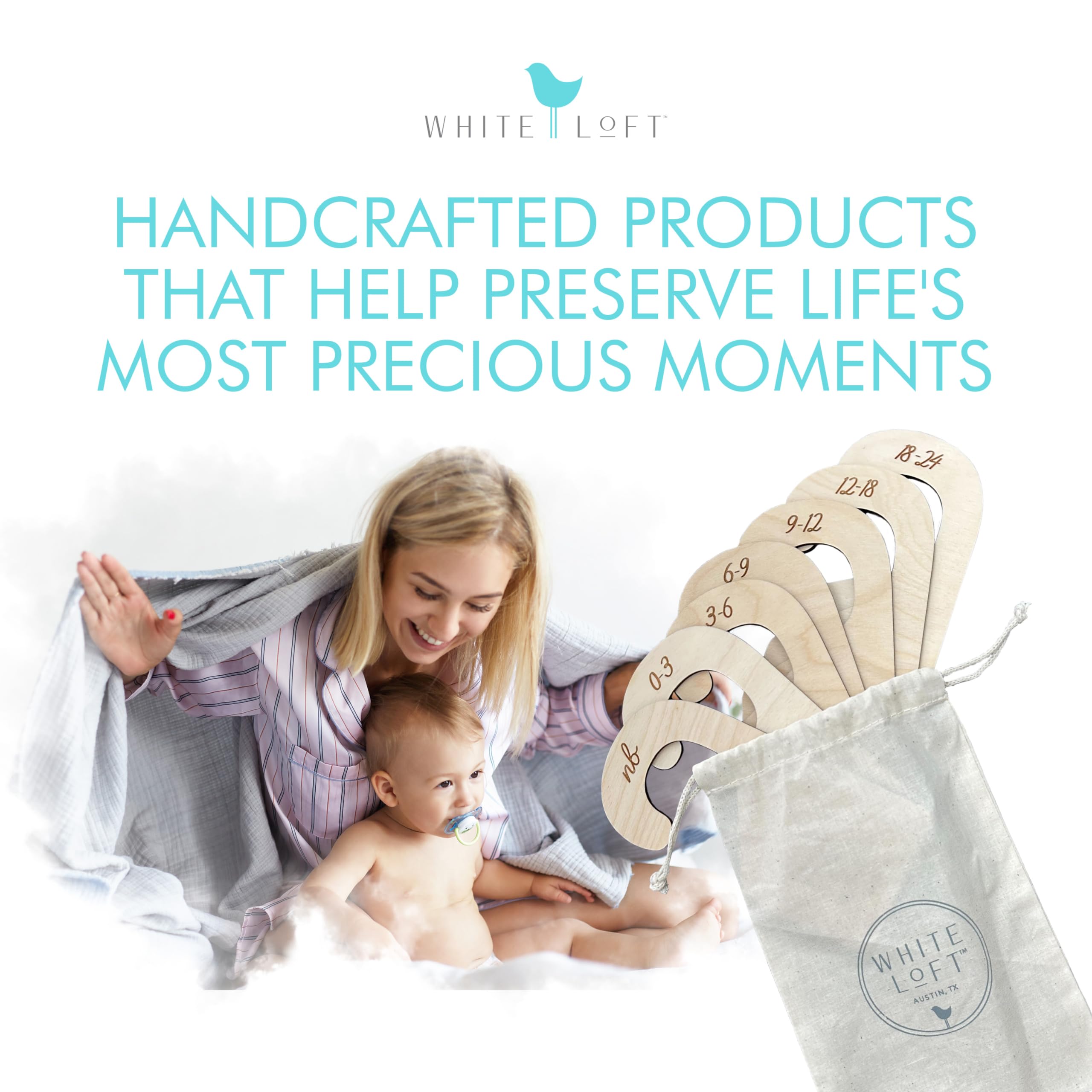 White Loft baby clothes dividers 9-12 months—readable labels for smooth morning routines.