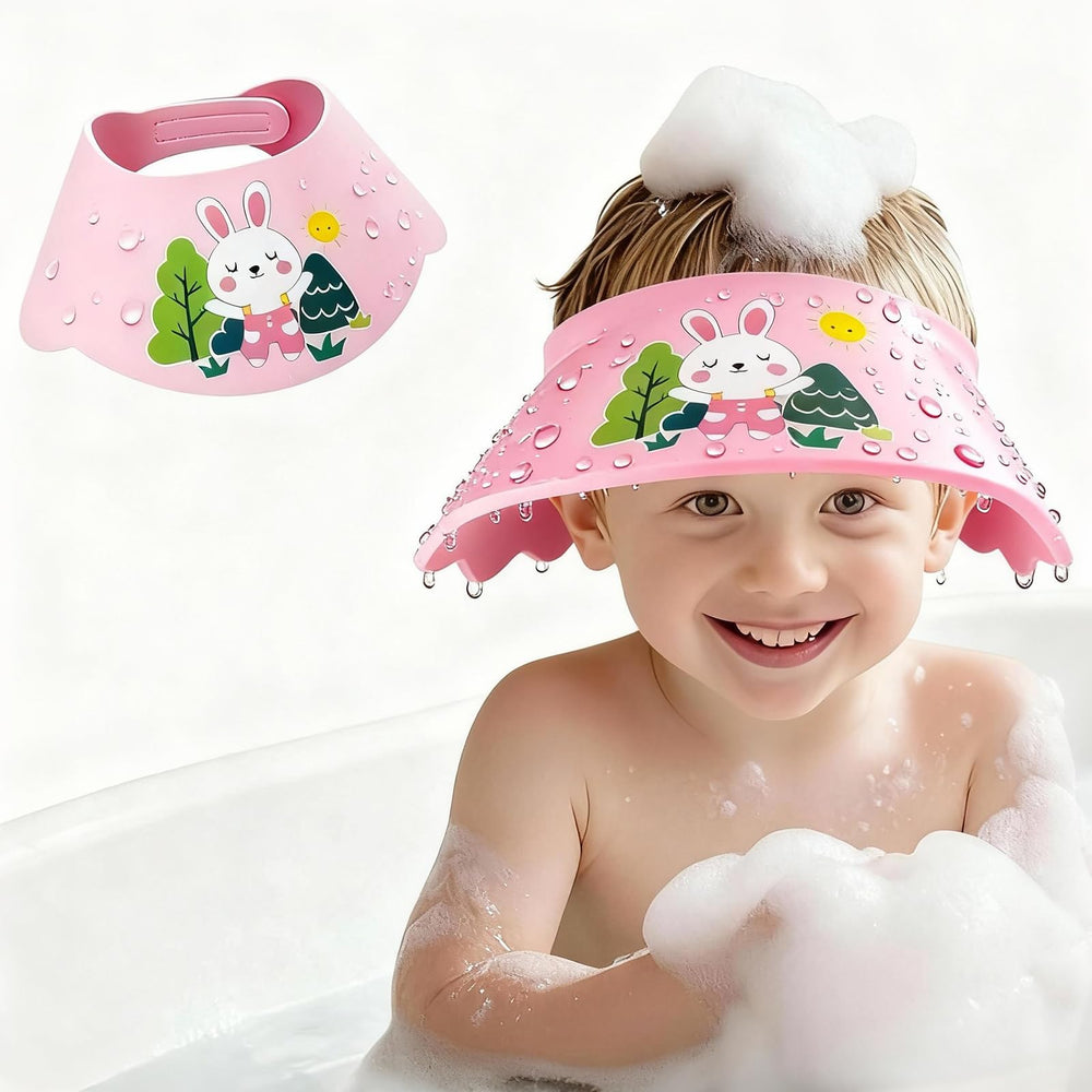 White Rabbit baby shower cap adjustable Velcro keeps water out of eyes during bath time
