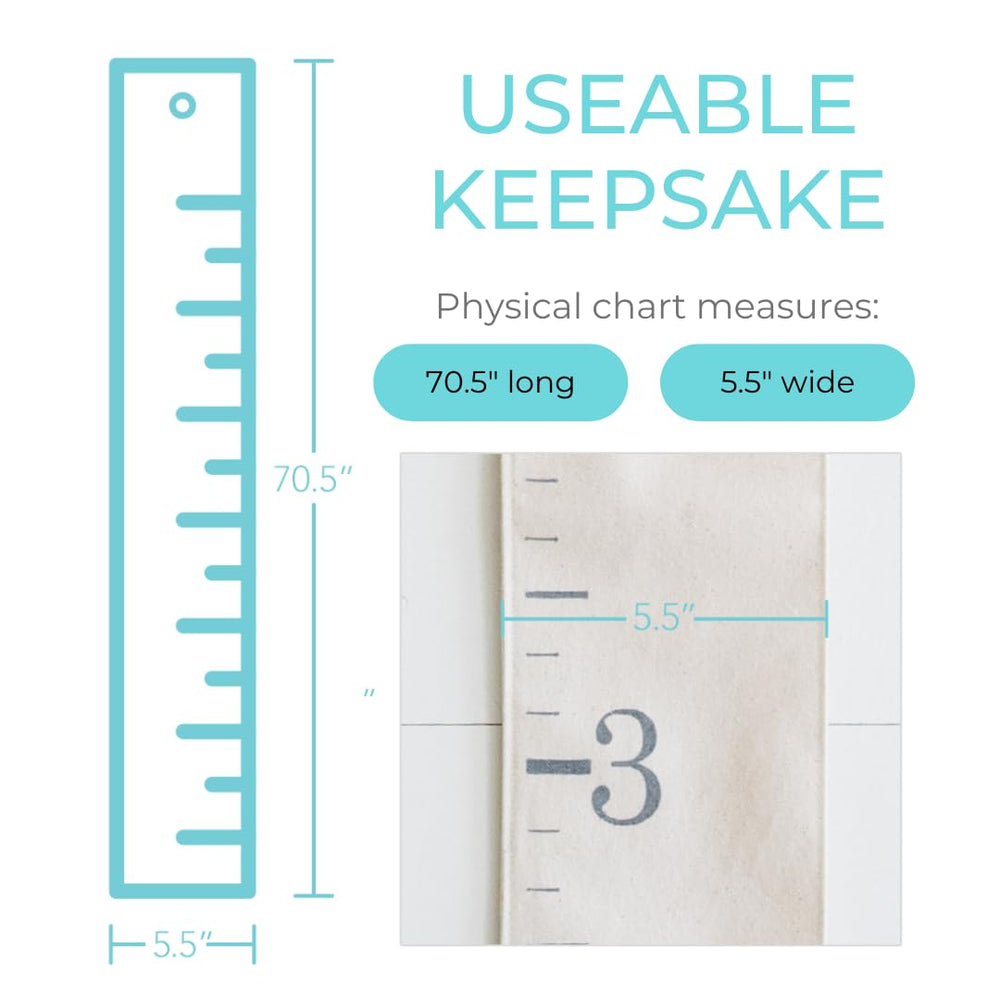 White Loft growth chart hanging in a bright kids room emphasizes easy wall decoration and growth tracking