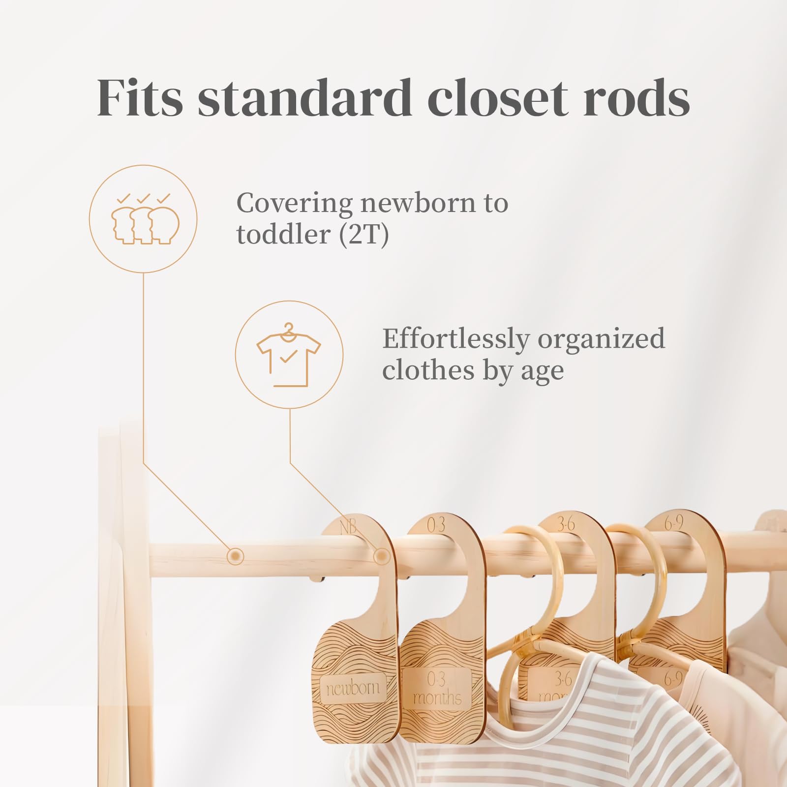 Whitluck's Baby Closet Dividers in closet help parents spot newborn-to-toddler sizes at a glance.