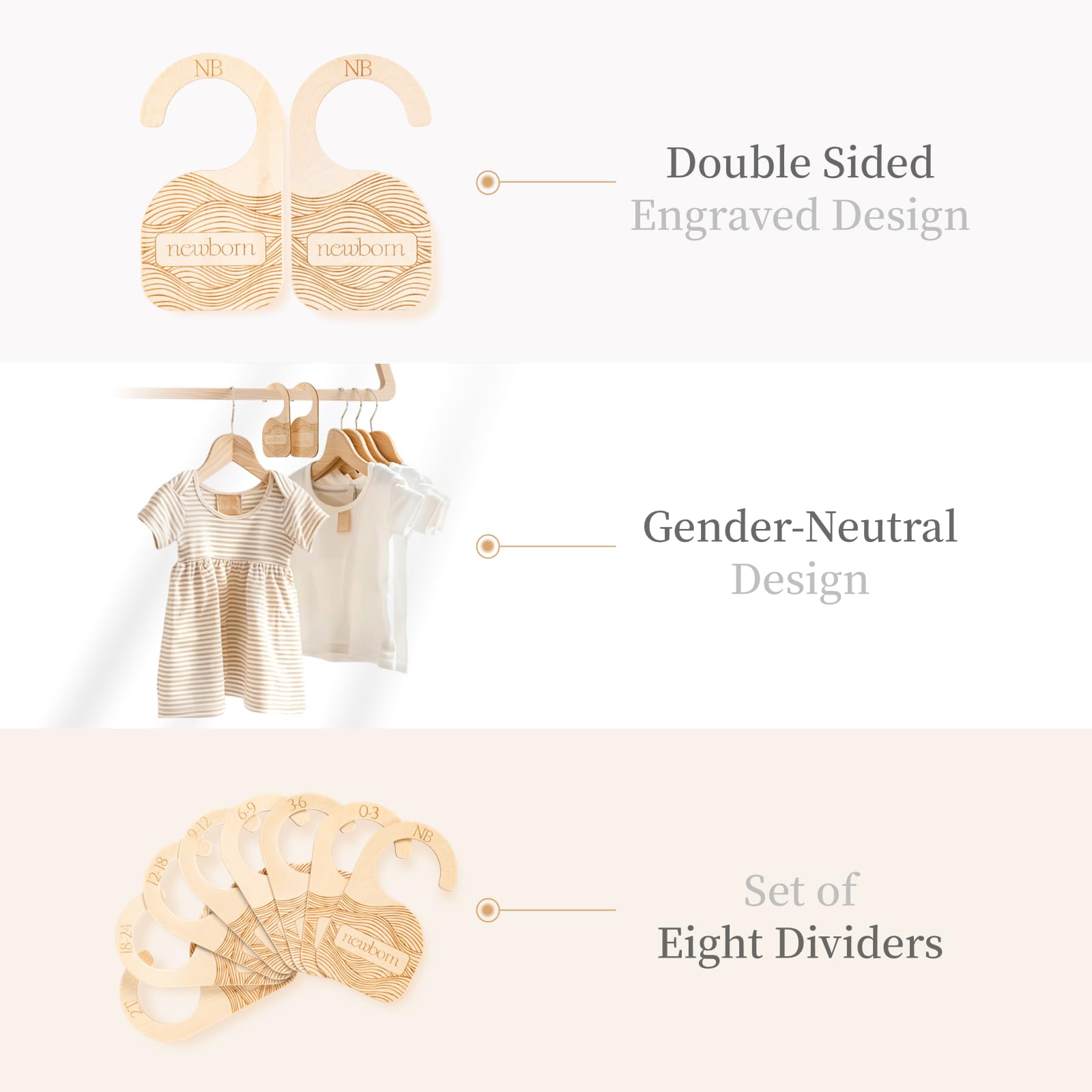 Whitluck's Baby Closet Dividers stacked demonstrate compact 8-pack for quick wardrobe zoning.