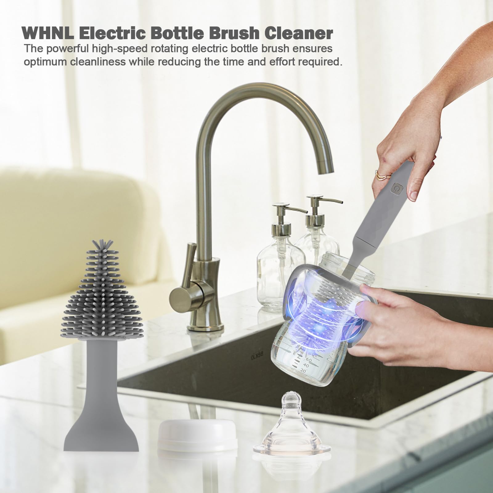WHNL electric bottle brush attachments demonstrating cleaning nipples, straws, and pacifiers