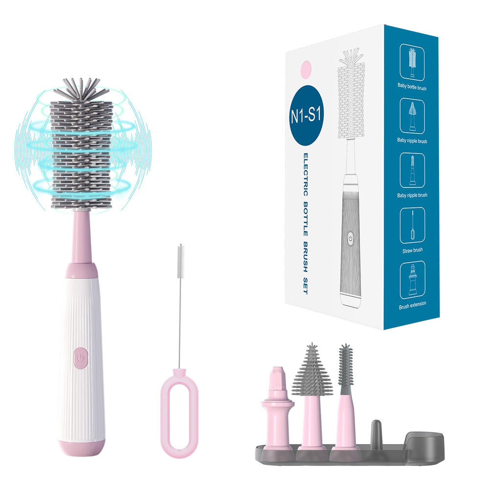 WHNL electric bottle brush with extended handle enables easy reach and thorough cleaning of tall bottles.