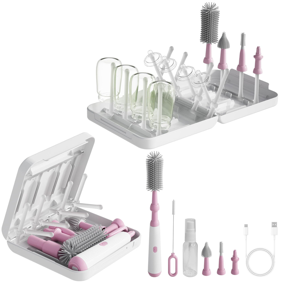 WHNL powerful electric bottle brush set front view for quick, thorough bottle cleaning.