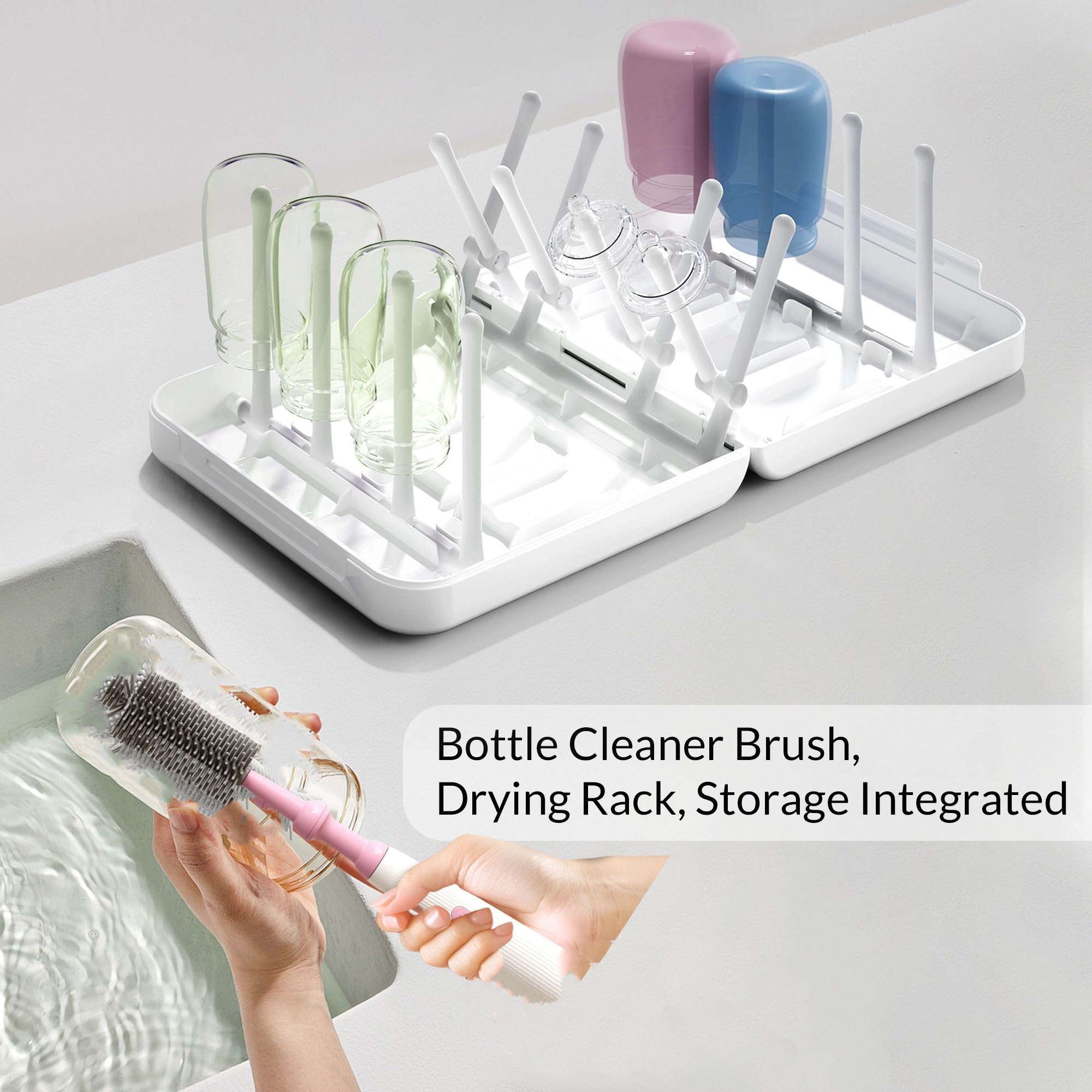WHNL silicone bottle brush detail shows gentle, scratch-free cleaning.