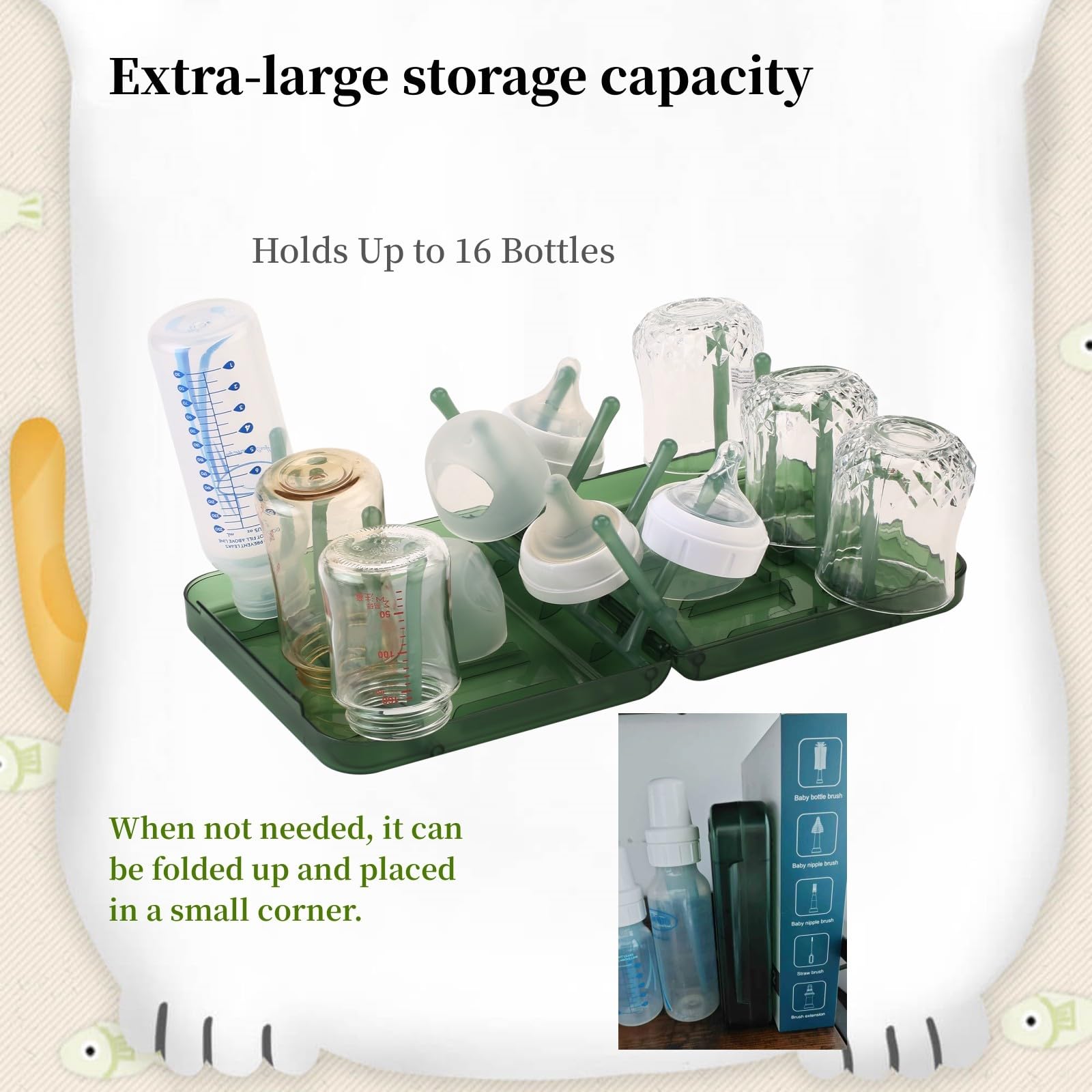 WHNL travel bottle drying rack open area for drying nipples, teats, and breast pump parts.