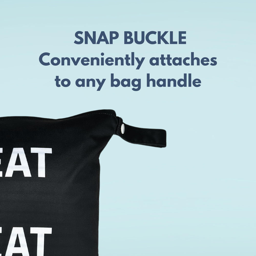 Whole Works wet bag with snap buckle strap offers quick attachment to bags.