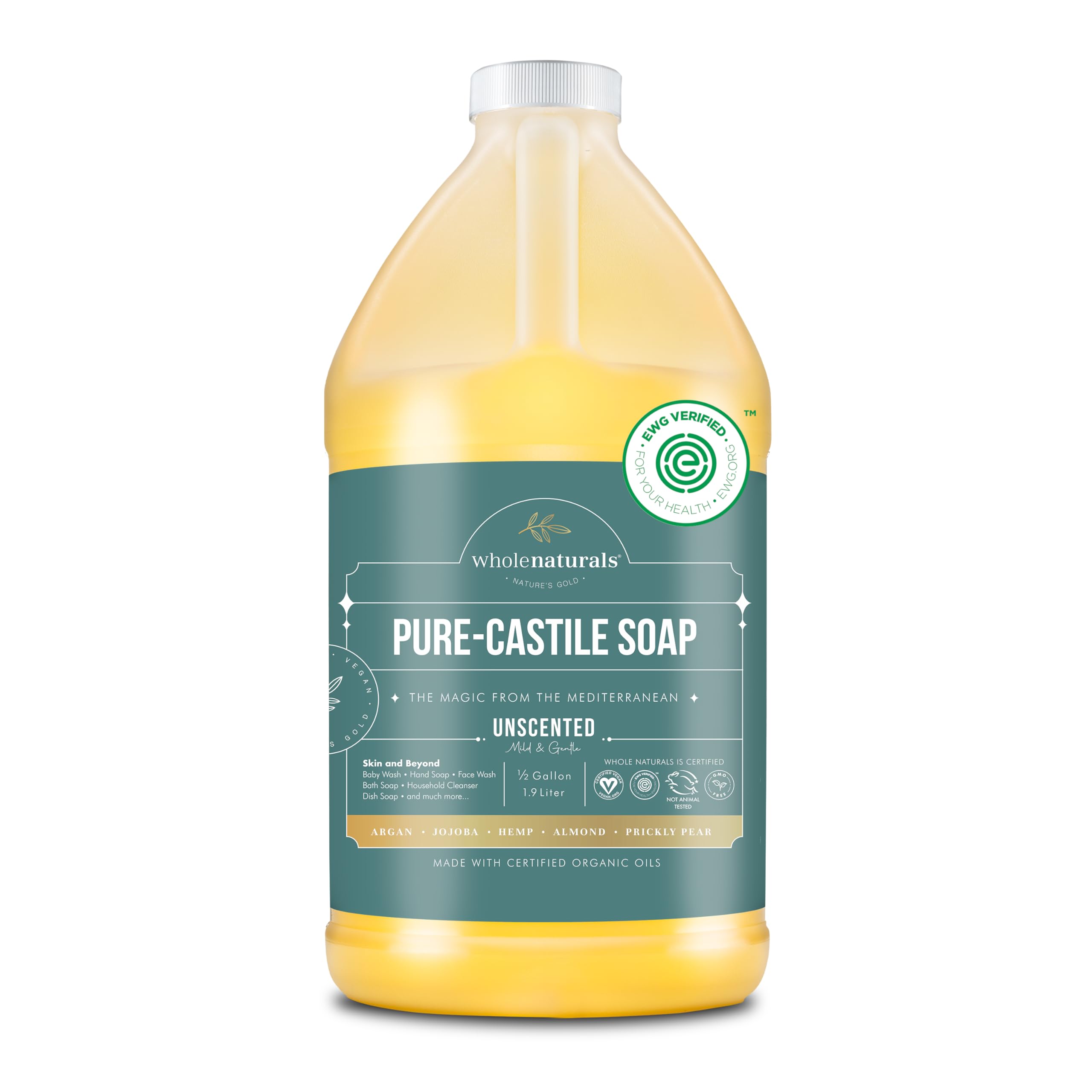 WHOLENATURALS Pure Castile Soap label — palm-oil free for eco-friendly cleaning.
