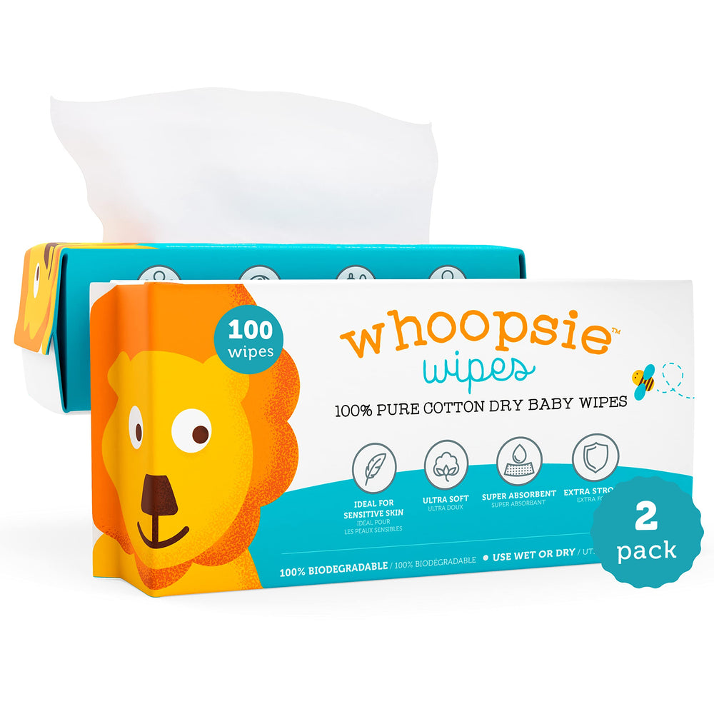 Whoopsie Wipes dry wipe texture close-up shows ultra-soft cotton for sensitive skin.