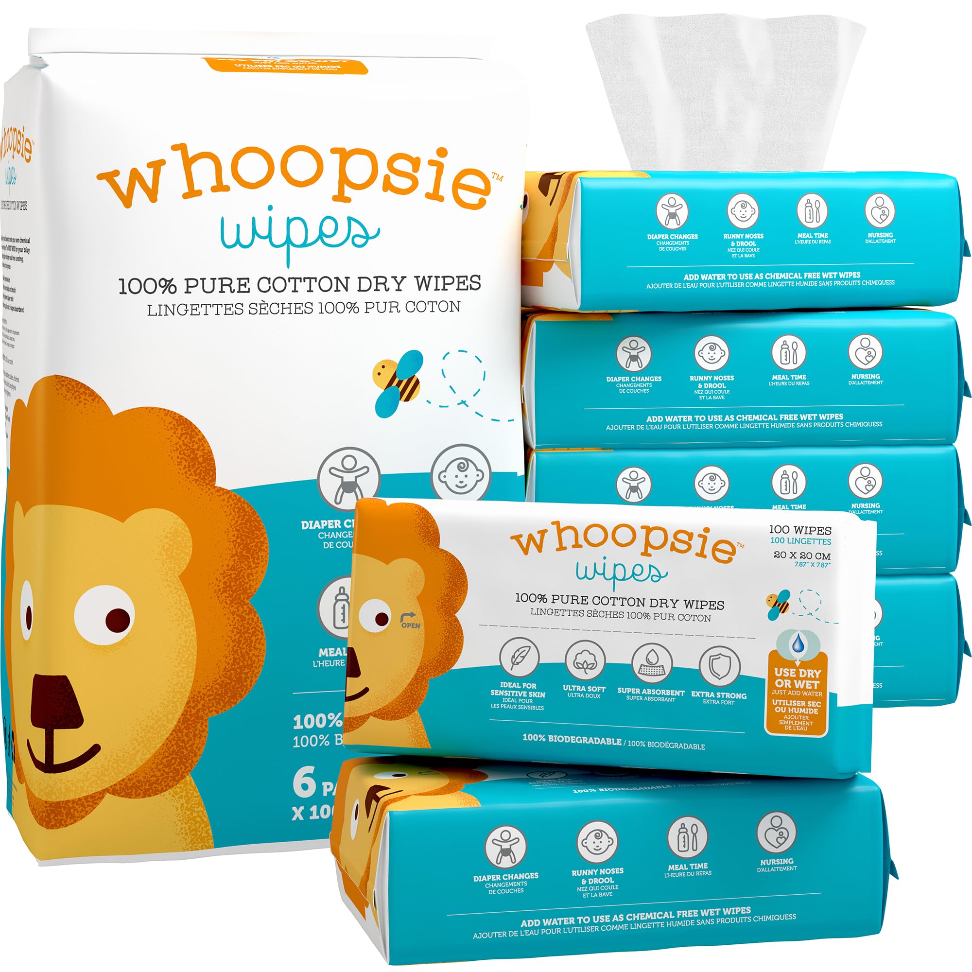 Whoopsie Wipes packaging front highlights 600-count box for diaper changes.