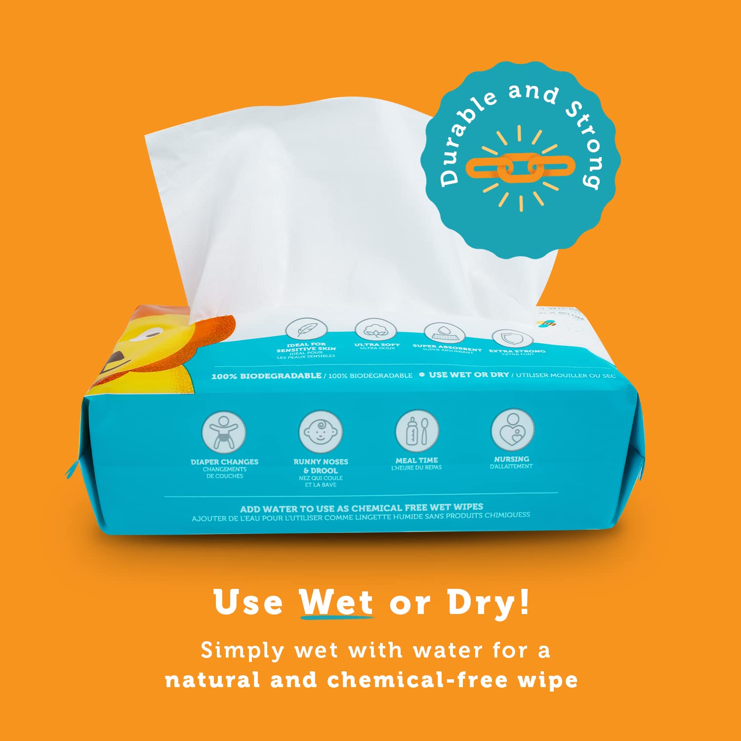 Whoopsie Wipes unscented packaging demonstrates chemical-free option for delicate skin.