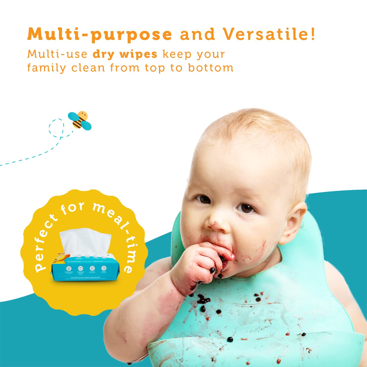 Whoopsie Wipes wet-use image shows wipe moistened with water for natural cleansing.