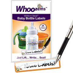 Whoozems baby bottle labels with overlaminate protection for moisture resistance.