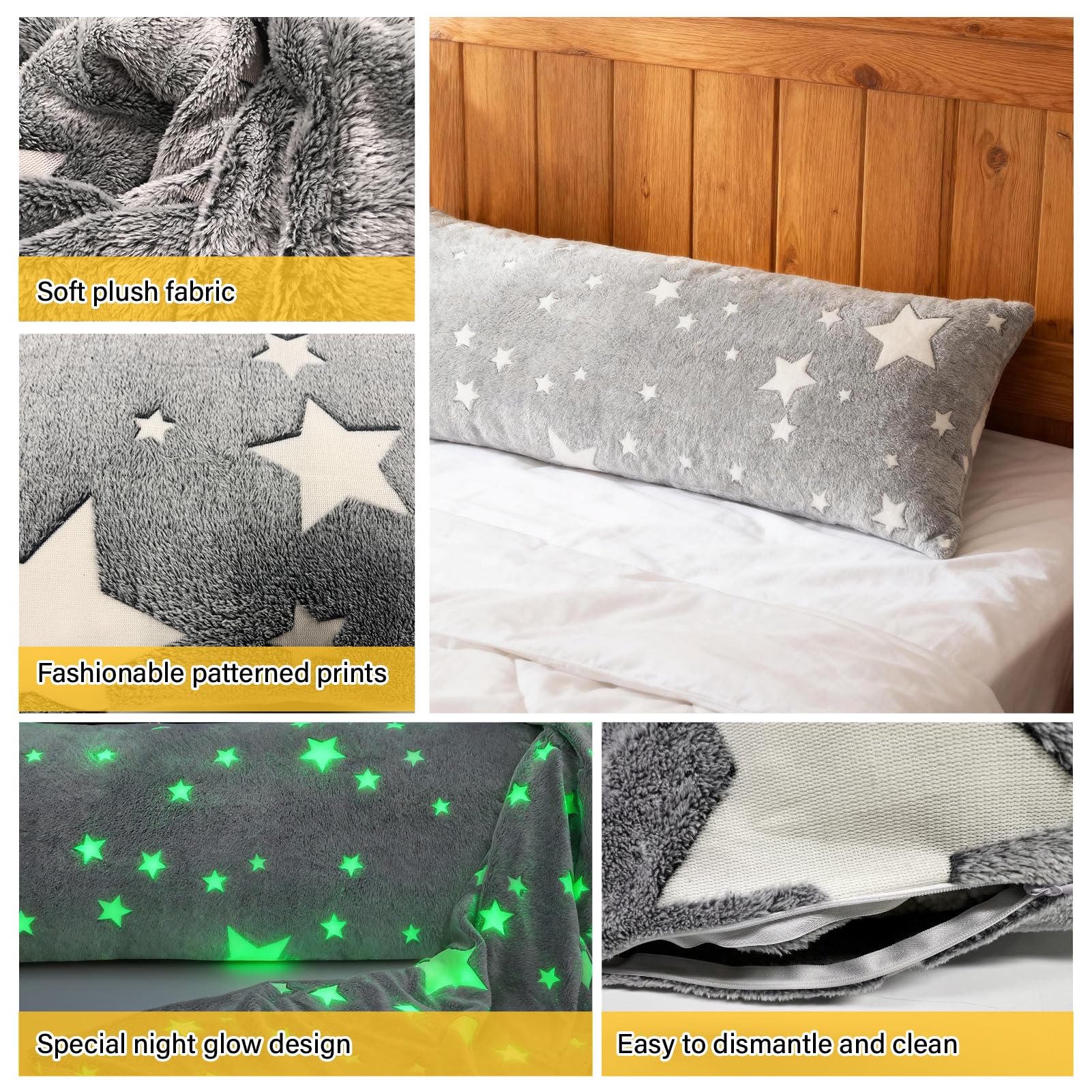 Wibeelee star-pattern glow-in-the-dark pillow cover glows subtly for ambience.