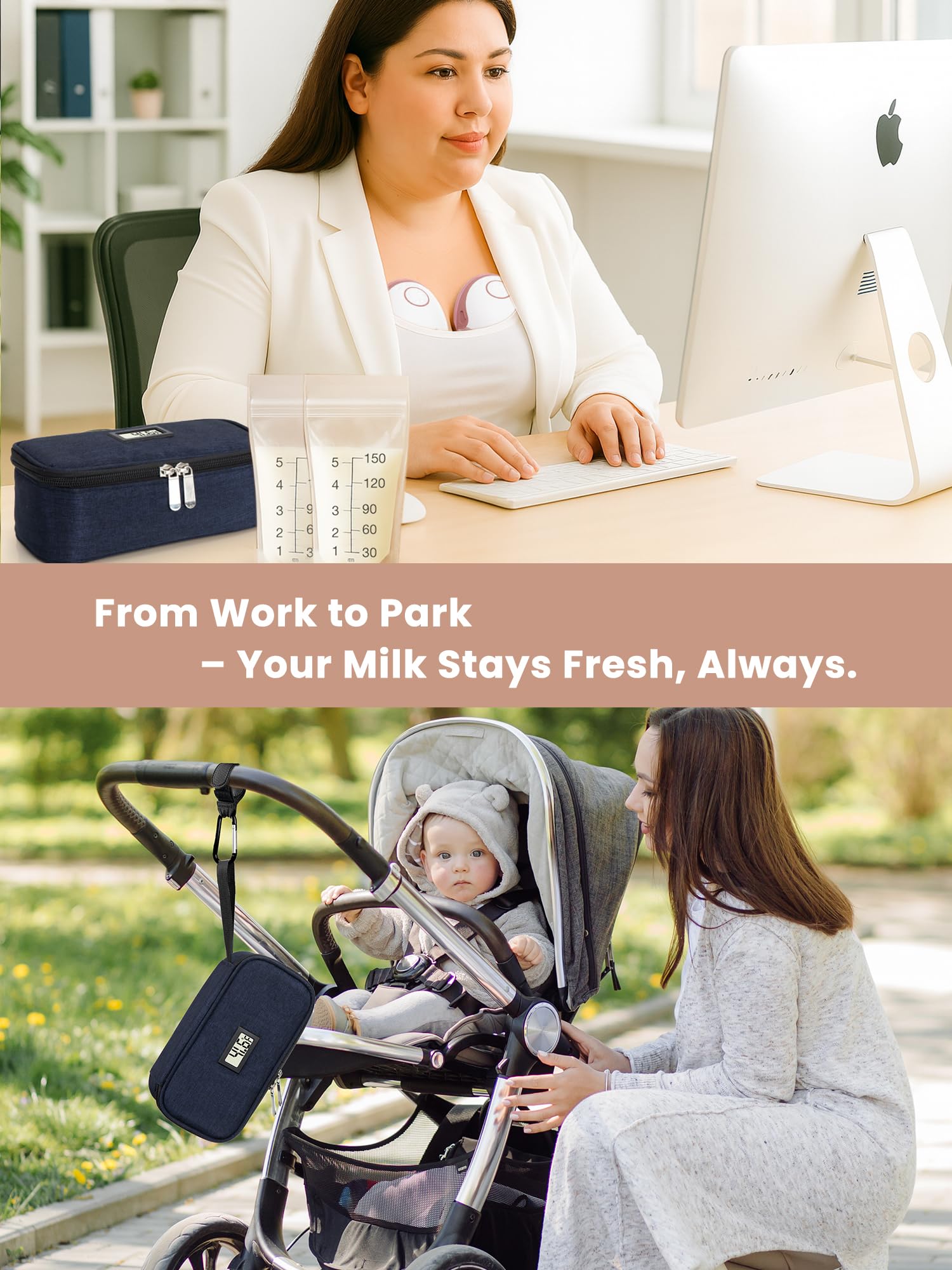 WIBOND navy blue breast milk cooler complements mom gear