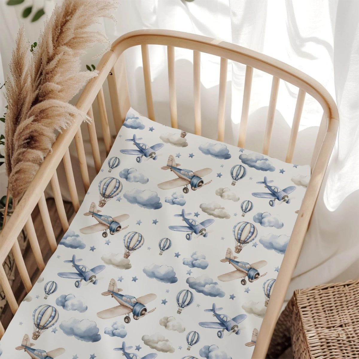 Wicbfdfv cute plane crib sheet blue with airplanes and moons for breathable baby sleep.
