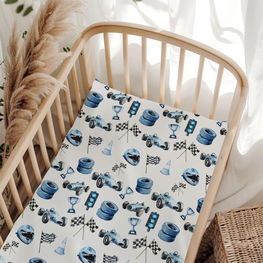 Wicbfdfv race car fitted sheet in blue offers snug crib fit.