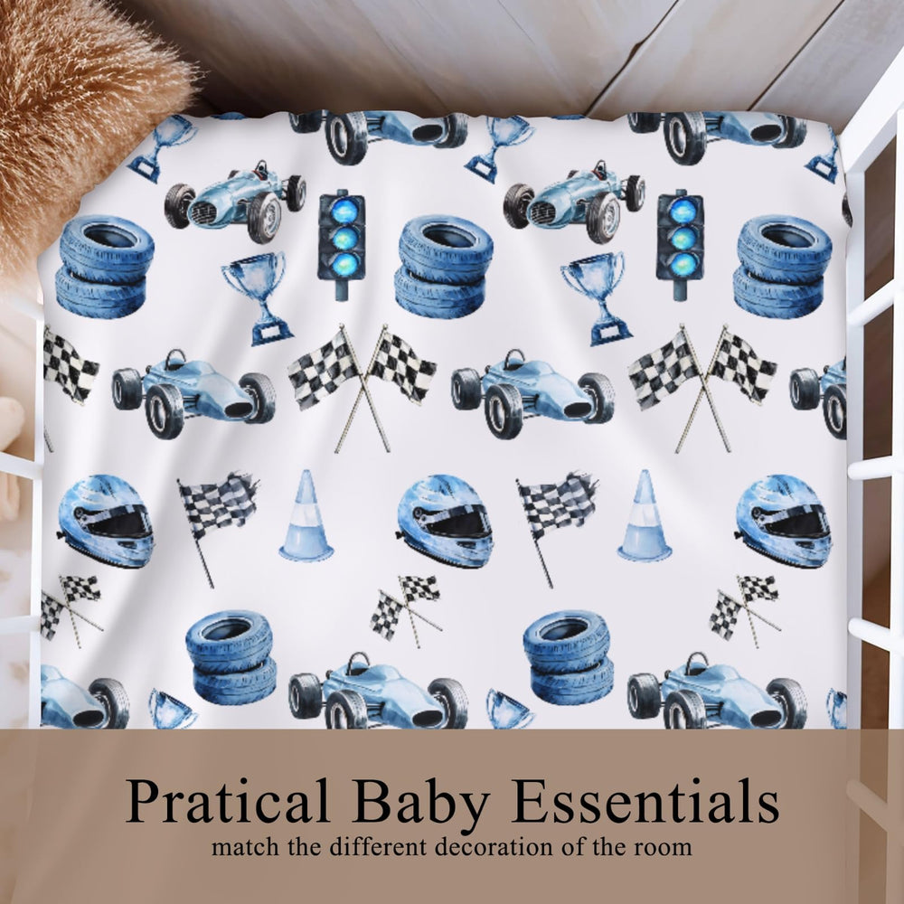 Wicbfdfv race car pattern enhances nursery decor and photos.