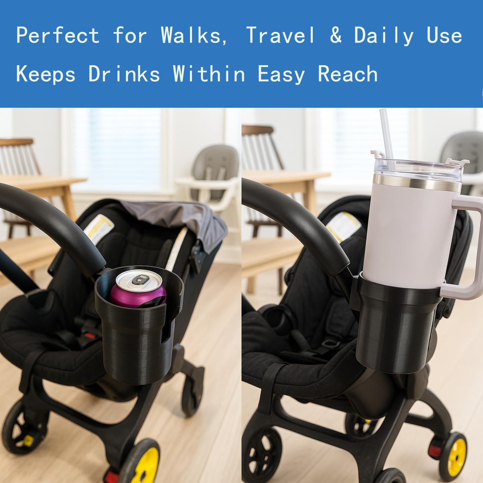 Wide-Fit Cup Holder attachment grips bottles and cans without adding stroller weight.