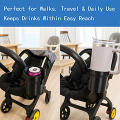 Wide-Fit Cup Holder attachment grips bottles and cans without adding stroller weight.