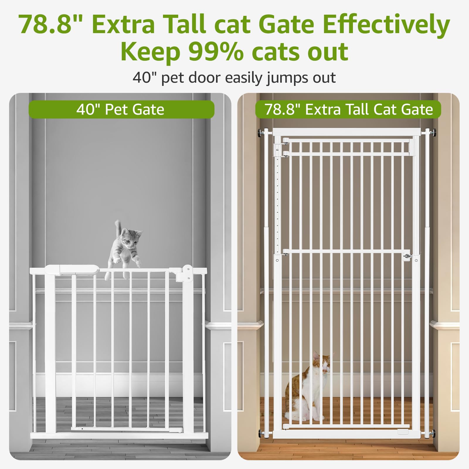WIDERSAFER pressure-mount cat gate installs without drilling for wall safety.