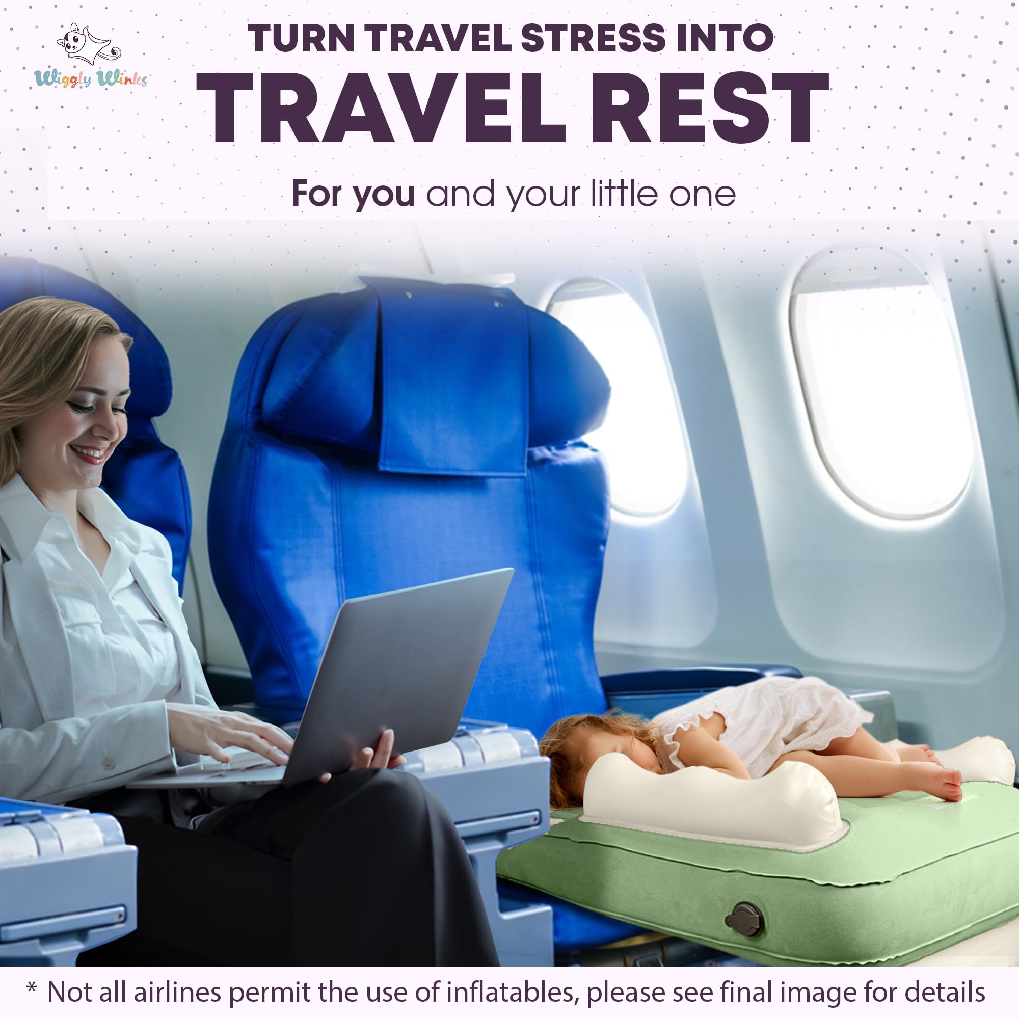 Wiggly Winks neck cushion on airplane bed supporting travel comfort