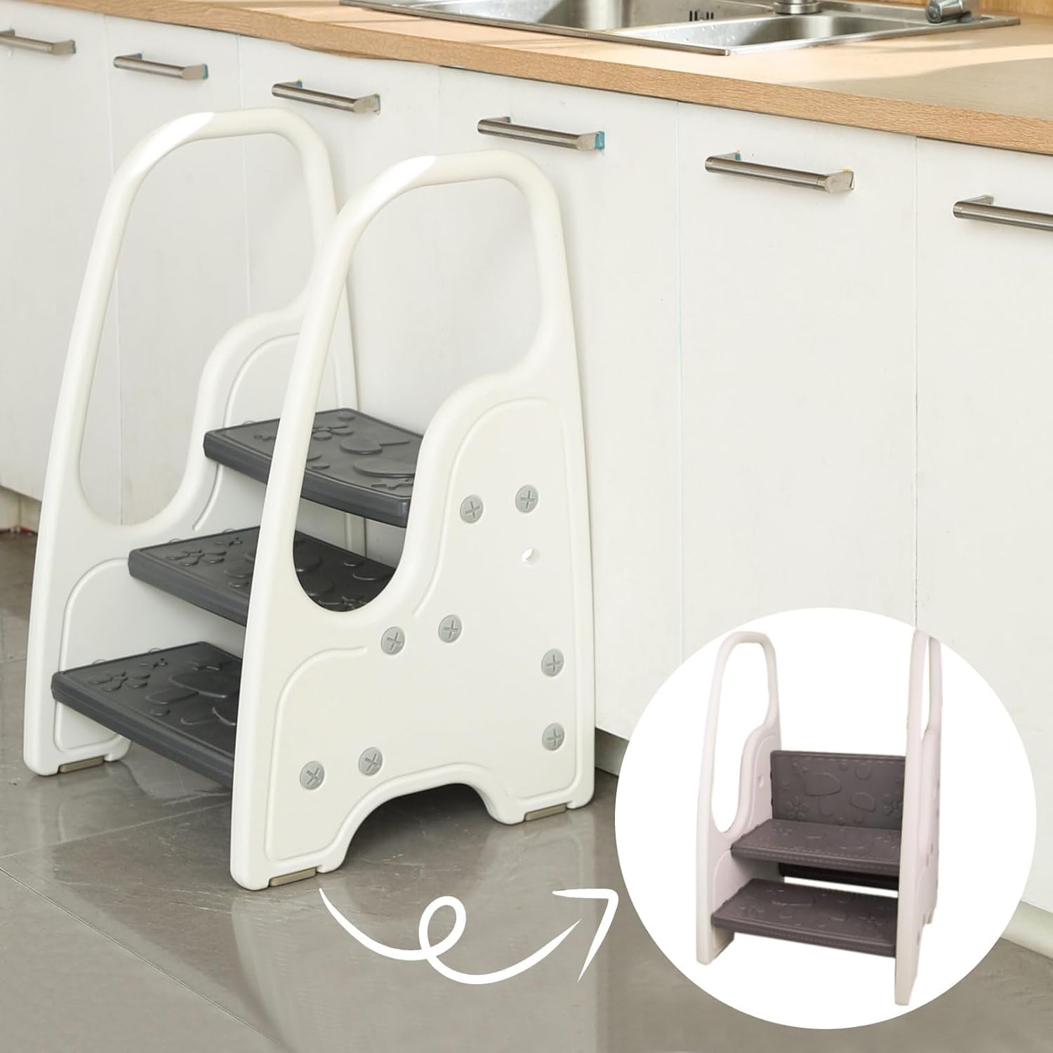 Wiifo 3-step stool gray side view showing the handle for easy transfer