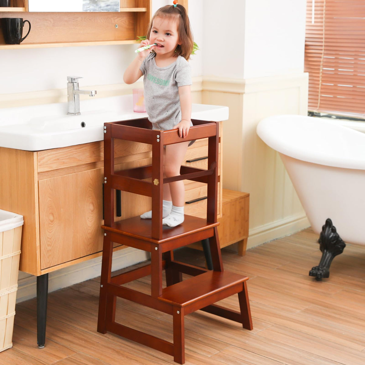 Wiifo Kids Kitchen Step Stool with safety rail in walnut facilitates toddler counter access